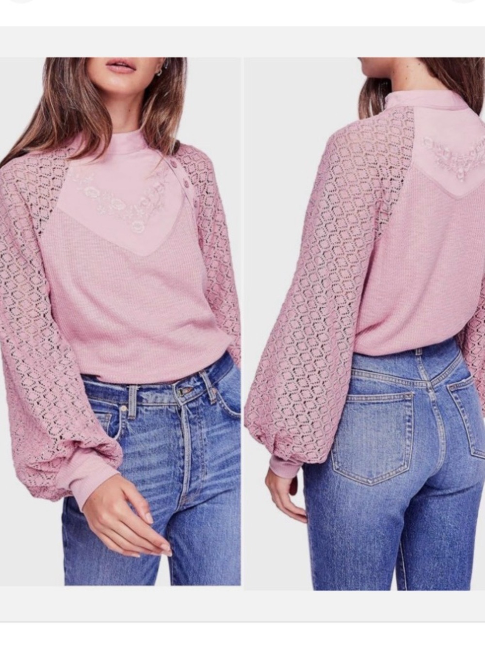 Free People Sweetest Thing Dusty Rose Lace-Sleeve Thermal Top